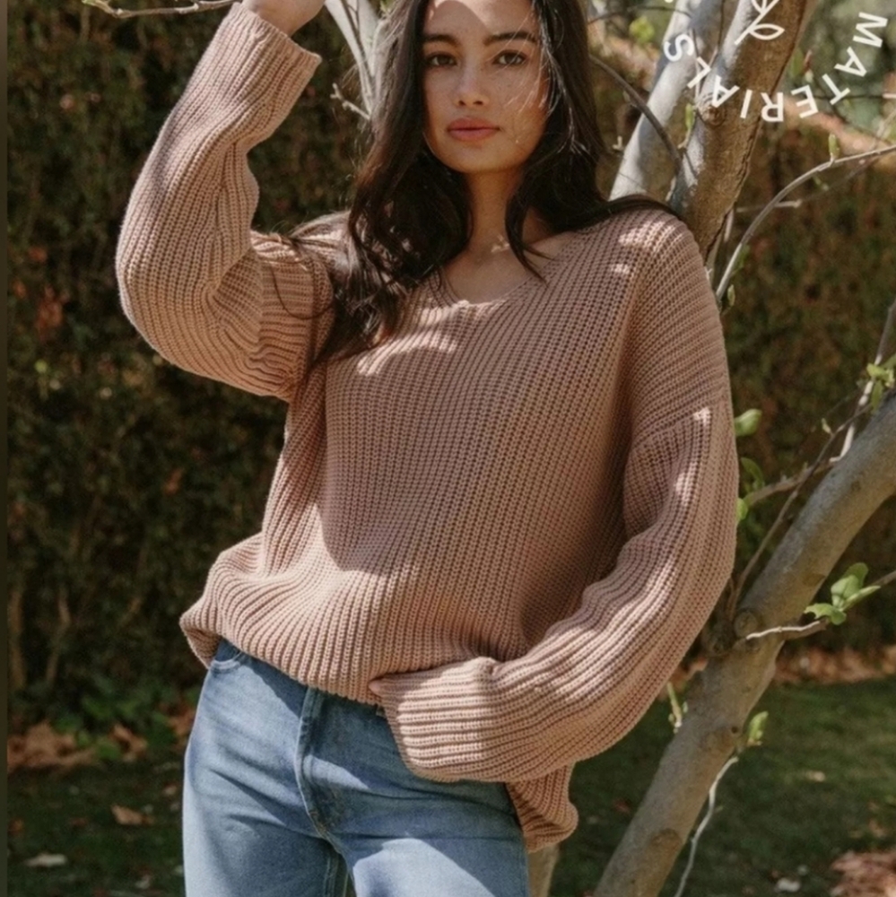 NWT JENNI KAYNE Oversized Cotton V-neck Cabin Sweater In Rose Small